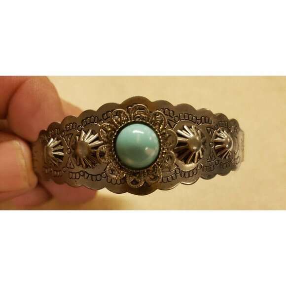 Bracelet, Vintage, Silver toned Metal, with Stone, engraved, starburst,G (J22) - Picture 2 of 5